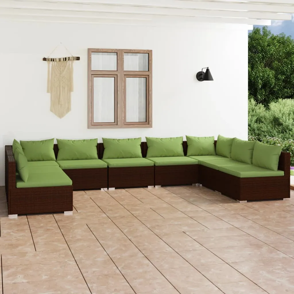 vidaXL Set Divani da Giardino 9 pz con Cuscini in Polyrattan Marrone