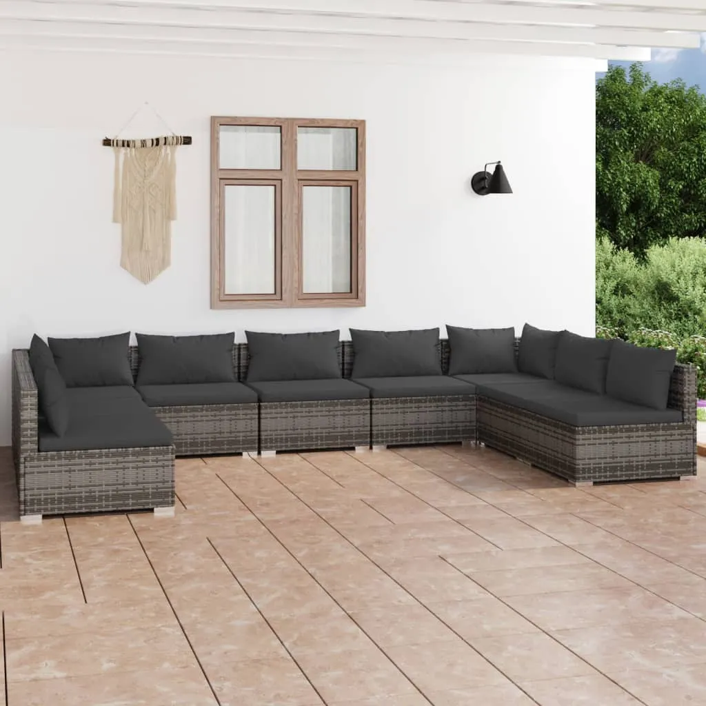 vidaXL Set Divani da Giardino 9 pz con Cuscini in Polyrattan Grigio