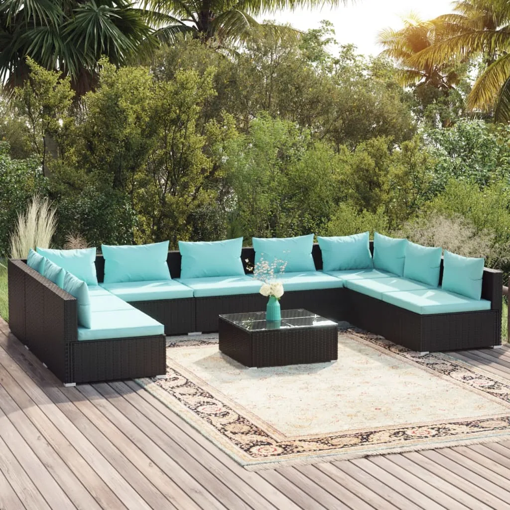 vidaXL Set Divani da Giardino 10 pz con Cuscini in Polyrattan Nero