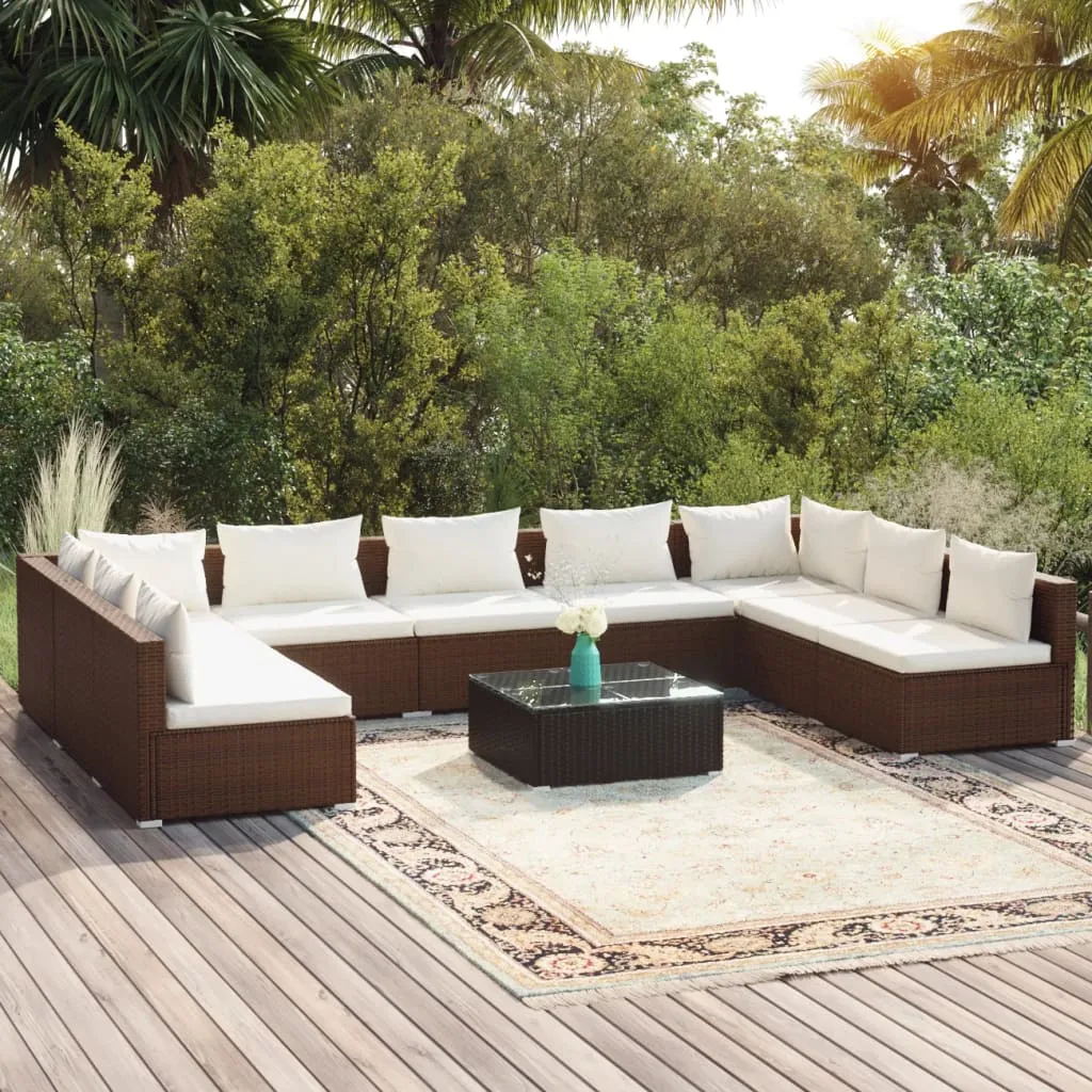 vidaXL Set Divani da Giardino 10 pz con Cuscini in Polyrattan Marrone