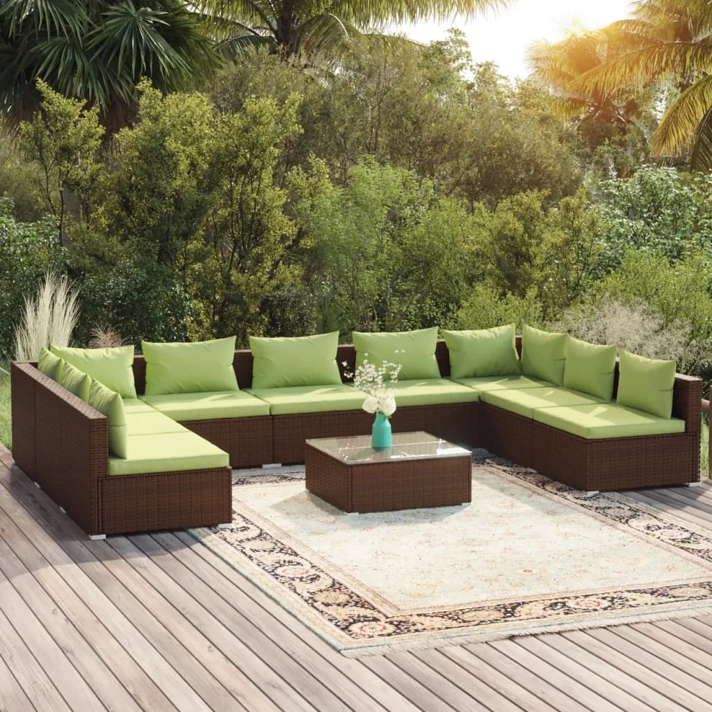 vidaXL Set Divani da Giardino 10 pz con Cuscini in Polyrattan Marrone