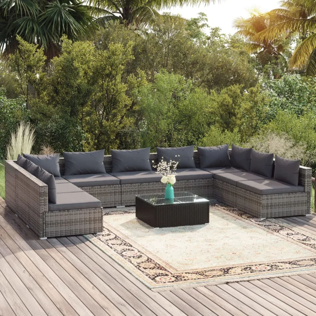 vidaXL Set Divani da Giardino 10 pz con Cuscini in Polyrattan Grigio