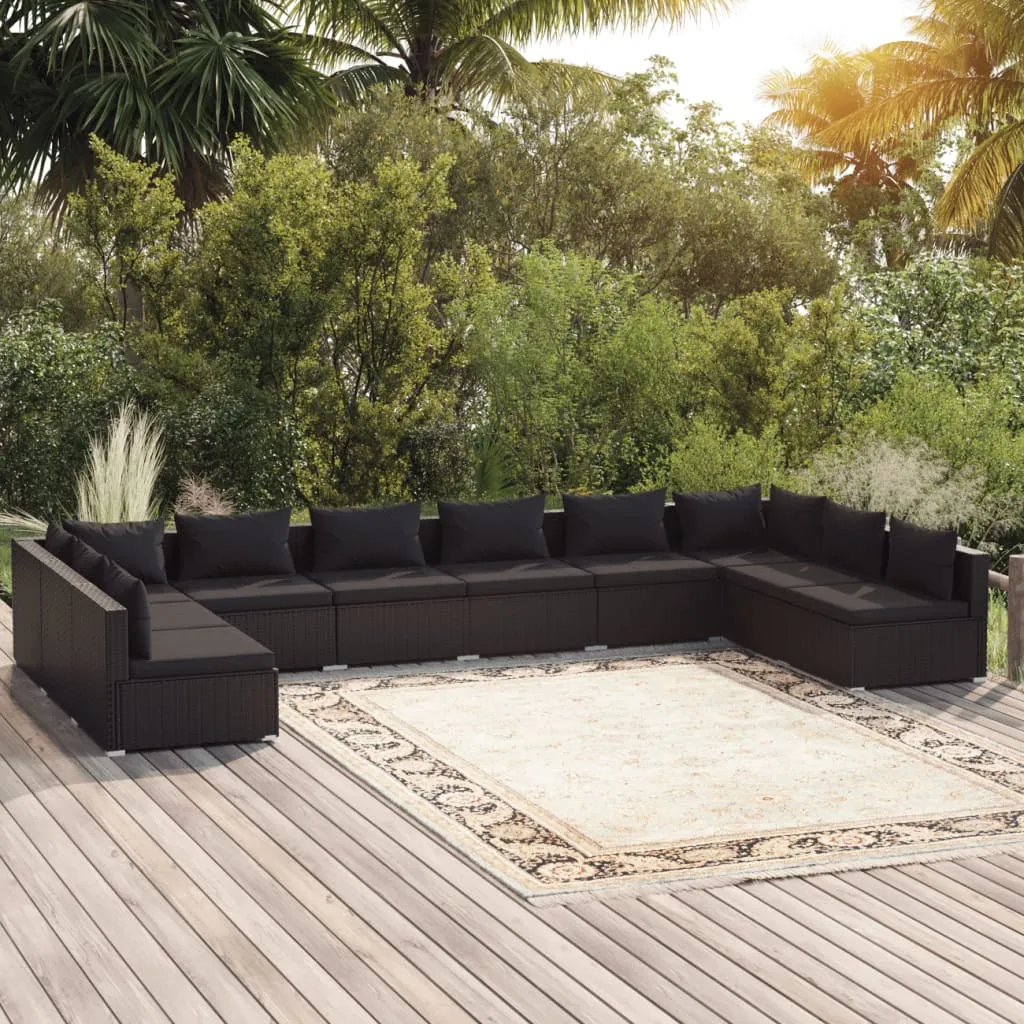 vidaXL Set Divani da Giardino 10 pz con Cuscini in Polyrattan Nero