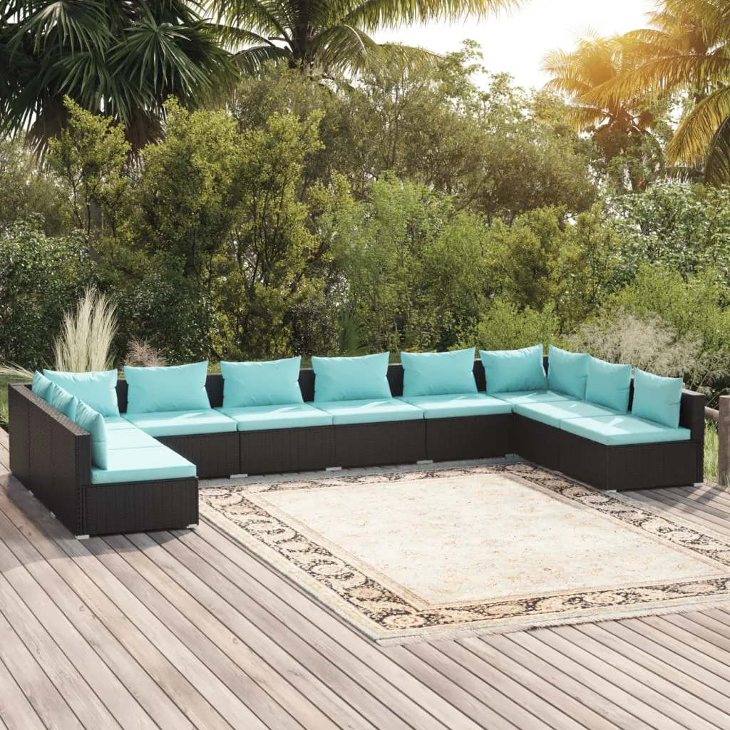 vidaXL Set Divani da Giardino 10 pz con Cuscini in Polyrattan Nero