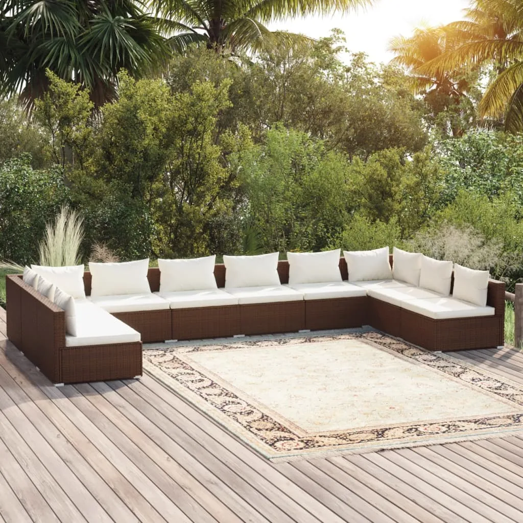 vidaXL Set Divani da Giardino 10 pz con Cuscini in Polyrattan Marrone