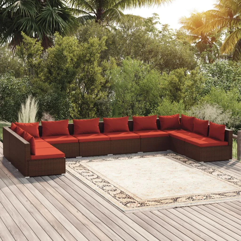 vidaXL Set Divani da Giardino 10 pz con Cuscini in Polyrattan Marrone