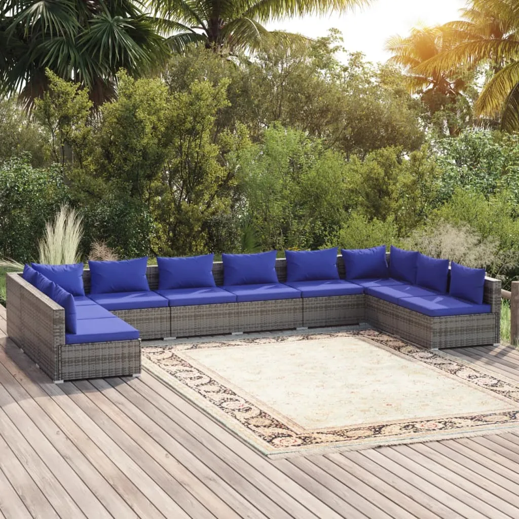 vidaXL Set Divani da Giardino 10 pz con Cuscini in Polyrattan Grigio