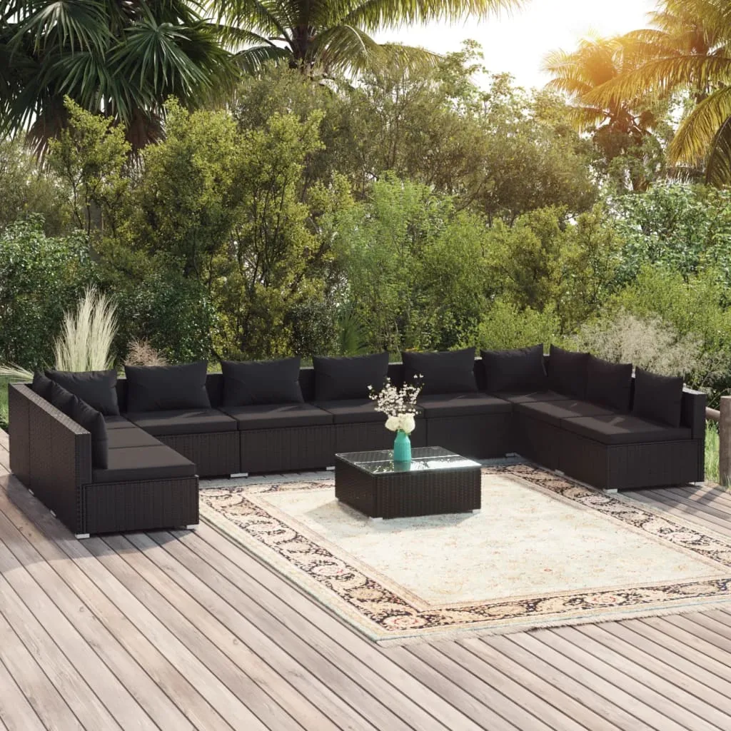 vidaXL Set Divani da Giardino 11 pz con Cuscini in Polyrattan Nero