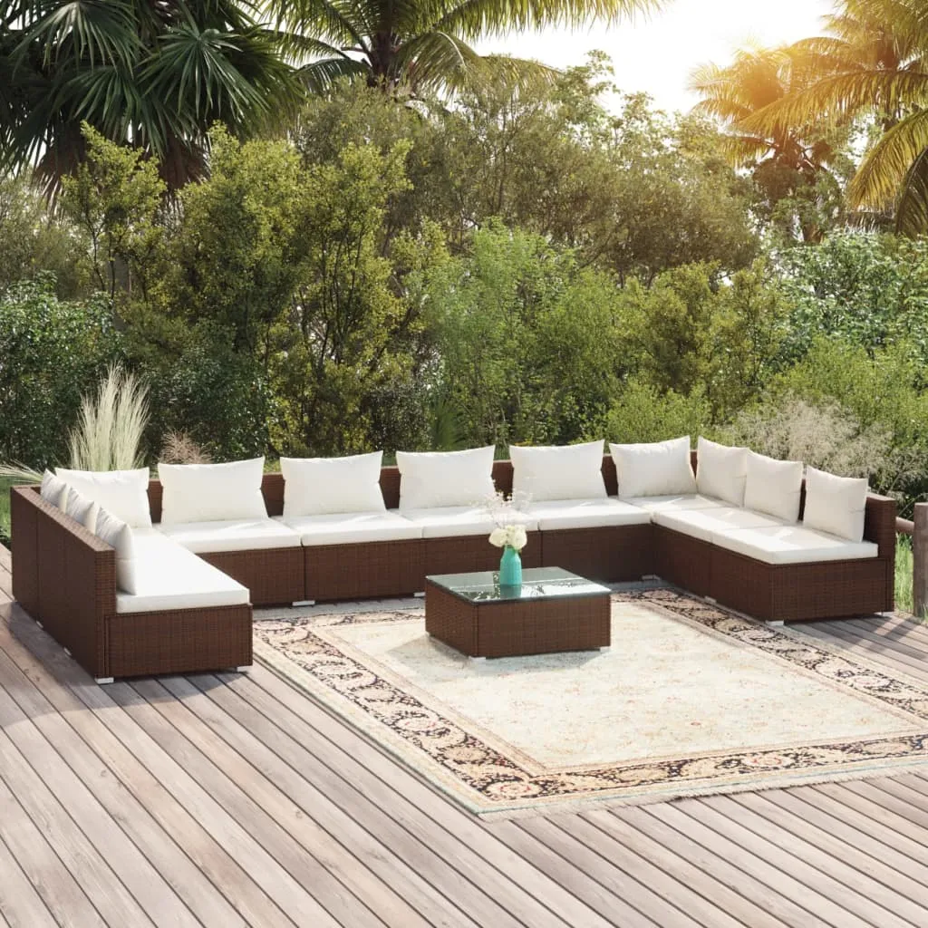 vidaXL Set Divani da Giardino 11 pz con Cuscini in Polyrattan Marrone