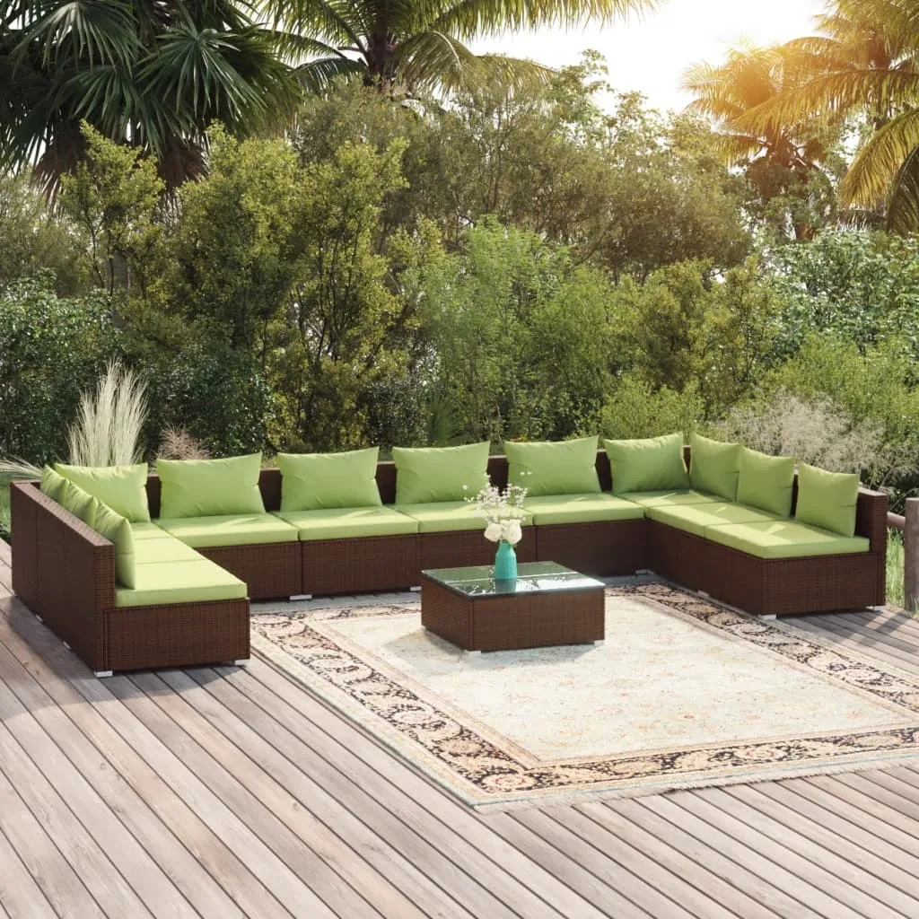 vidaXL Set Divani da Giardino 11 pz con Cuscini in Polyrattan Marrone