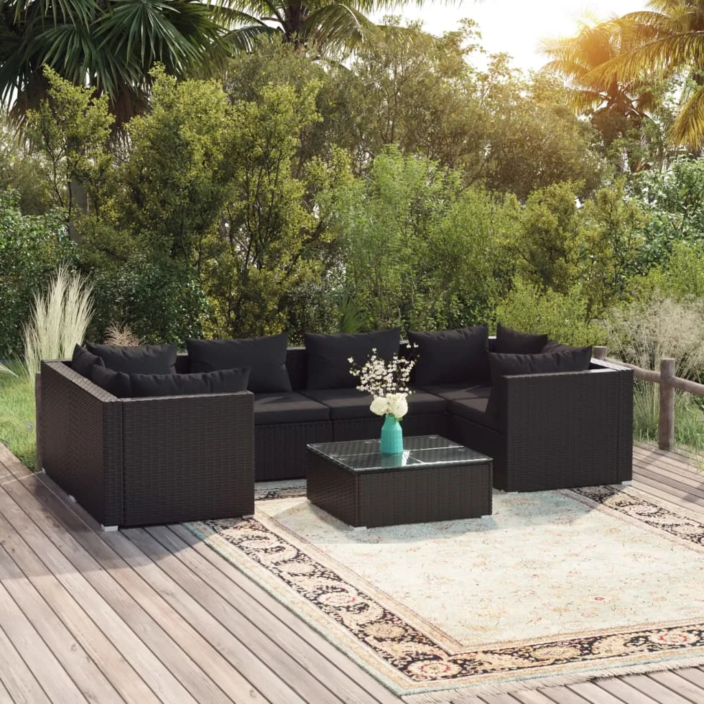 vidaXL Set Salotto da Giardino 7 pz con Cuscini in Polyrattan Nero