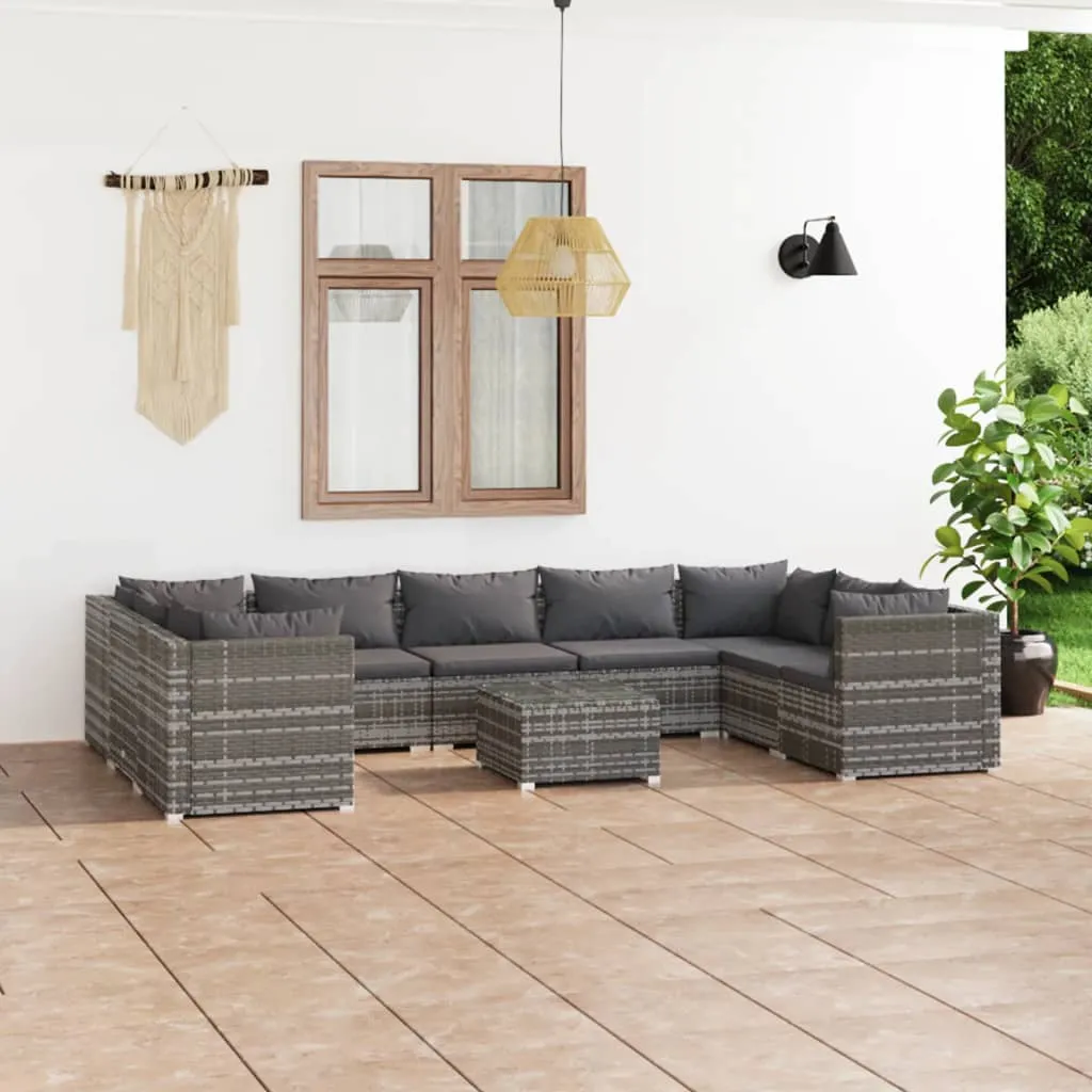 vidaXL Set Divani da Giardino 10 pz con Cuscini in Polyrattan Grigio