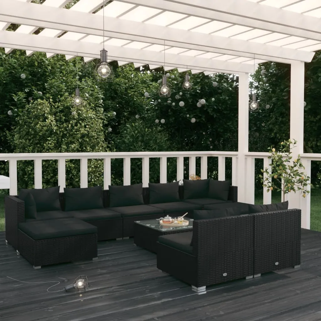 vidaXL Set Divani da Giardino 10 pz con Cuscini in Polyrattan Nero