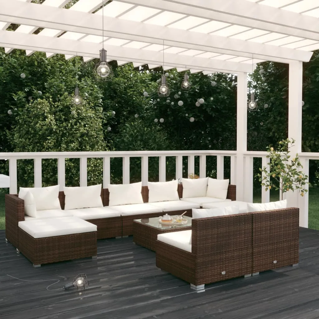 vidaXL Set Divani da Giardino 10 pz con Cuscini in Polyrattan Marrone