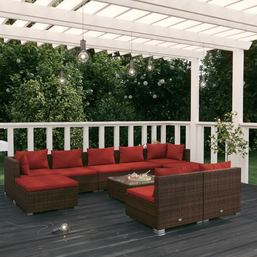 vidaXL Set Divani da Giardino 10 pz con Cuscini in Polyrattan Marrone