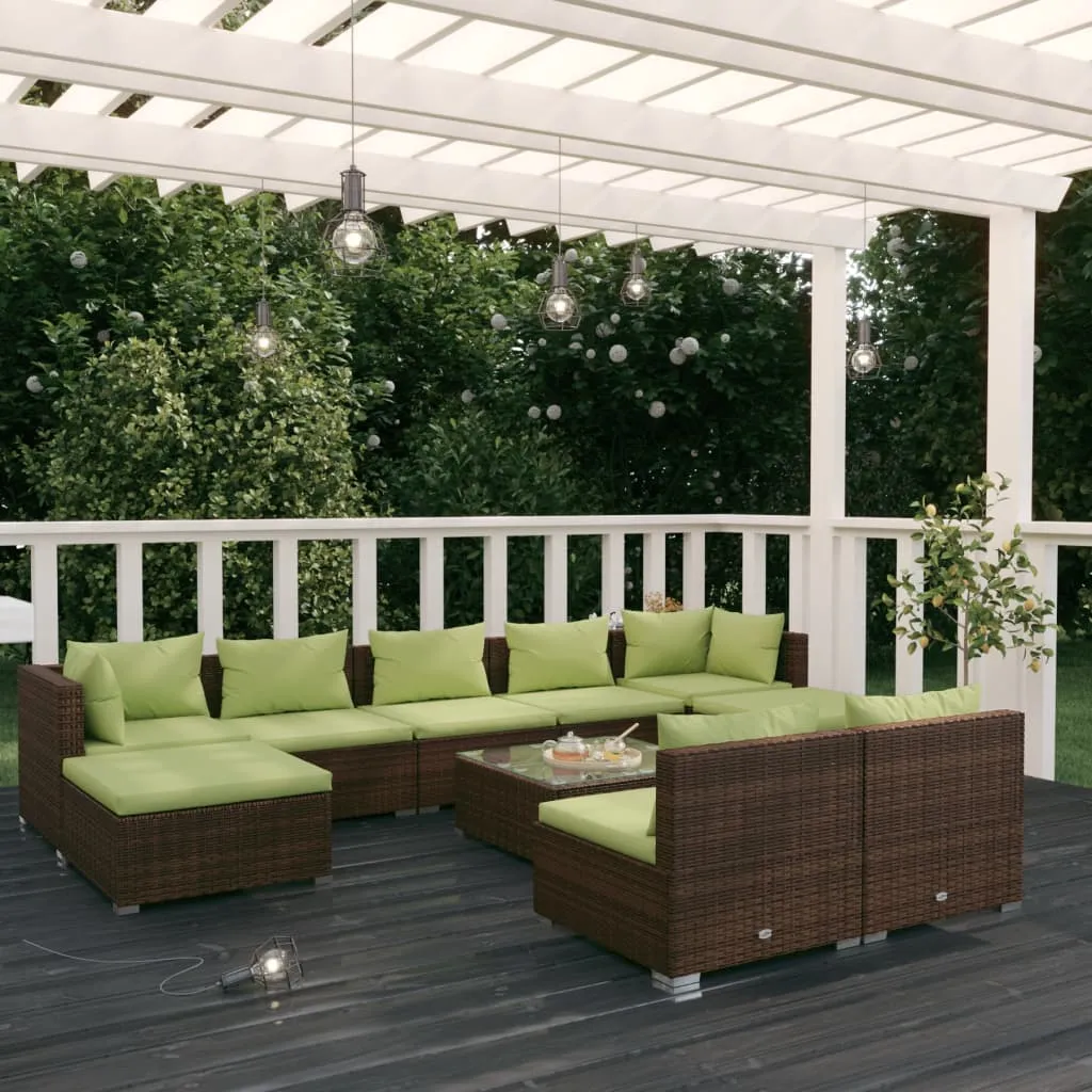 vidaXL Set Divani da Giardino 10 pz con Cuscini in Polyrattan Marrone