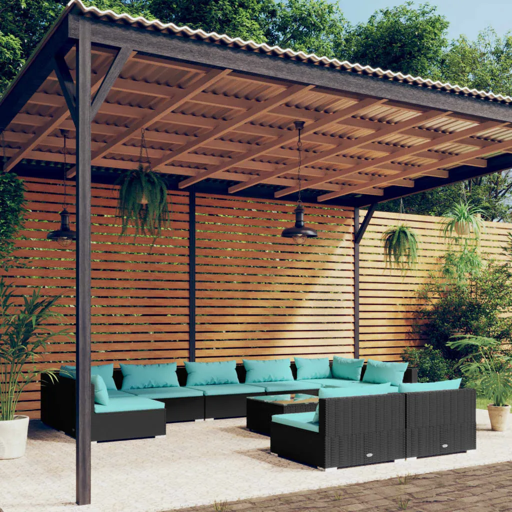 vidaXL Set Divani da Giardino 10 pz con Cuscini in Polyrattan Nero