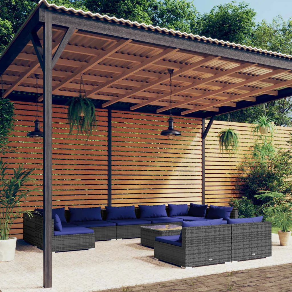 vidaXL Set Divani da Giardino 10 pz con Cuscini in Polyrattan Grigio