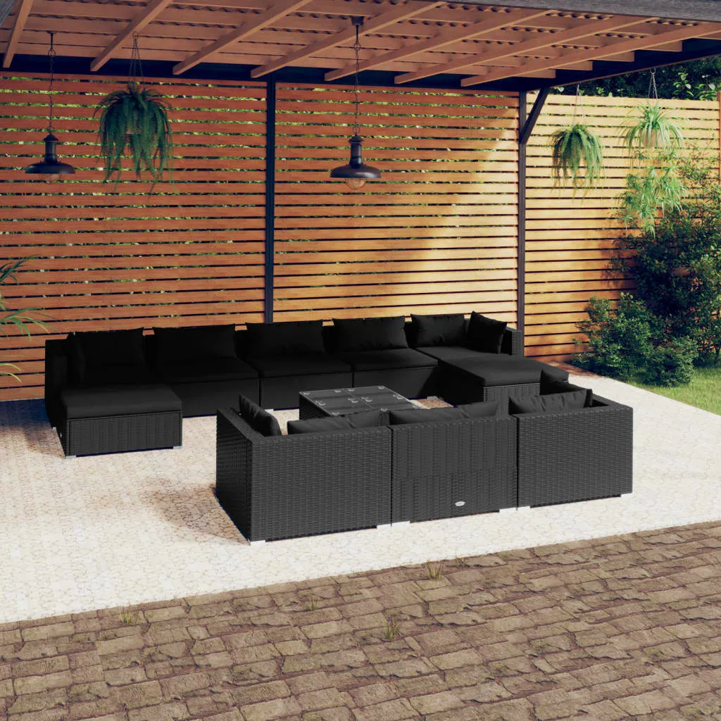 vidaXL Set Divani da Giardino 11 pz con Cuscini in Polyrattan Nero