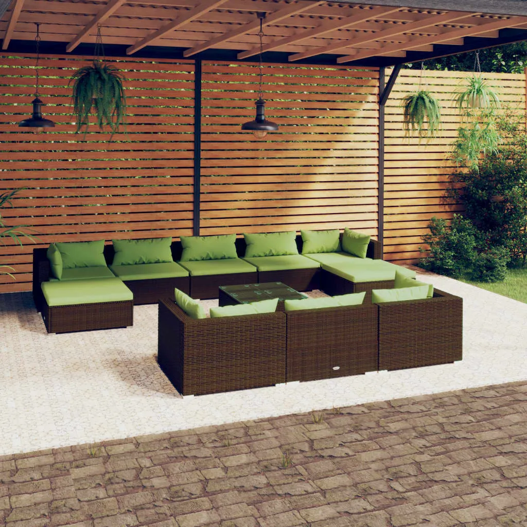 vidaXL Set Divani da Giardino 11 pz con Cuscini in Polyrattan Marrone