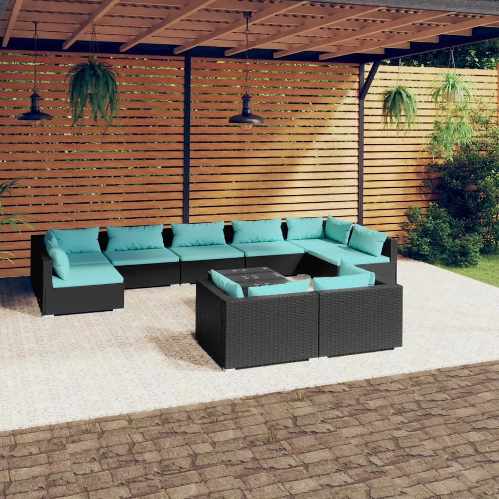 vidaXL Set Divani da Giardino 10 pz con Cuscini in Polyrattan Nero