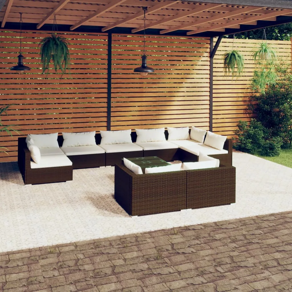 vidaXL Set Divani da Giardino 10 pz con Cuscini in Polyrattan Marrone