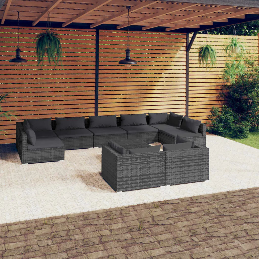 vidaXL Set Divani da Giardino 10 pz con Cuscini in Polyrattan Grigio