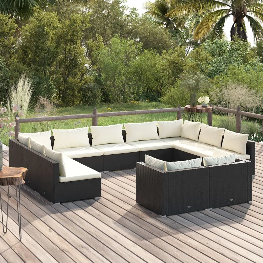 vidaXL Set Divani da Giardino 11 pz con Cuscini in Polyrattan Nero