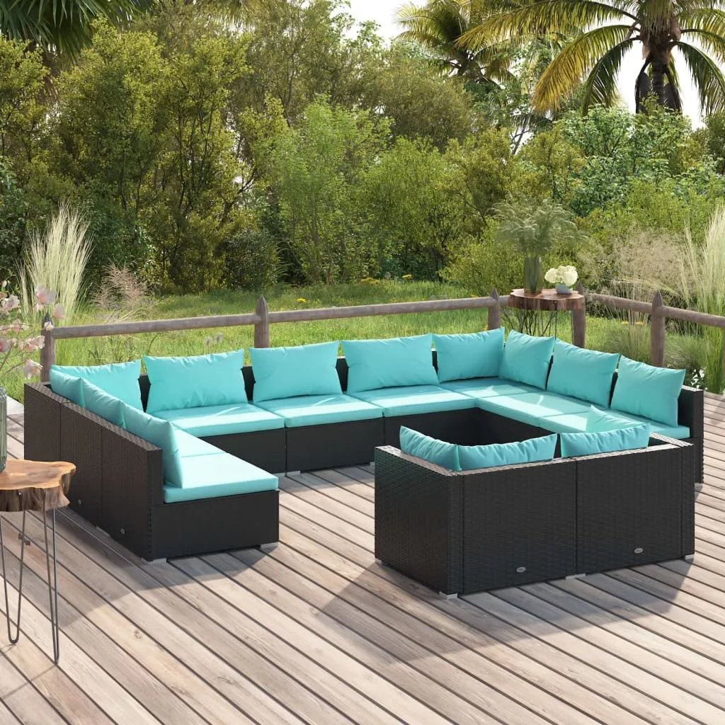 vidaXL Set Divani da Giardino 11 pz con Cuscini in Polyrattan Nero