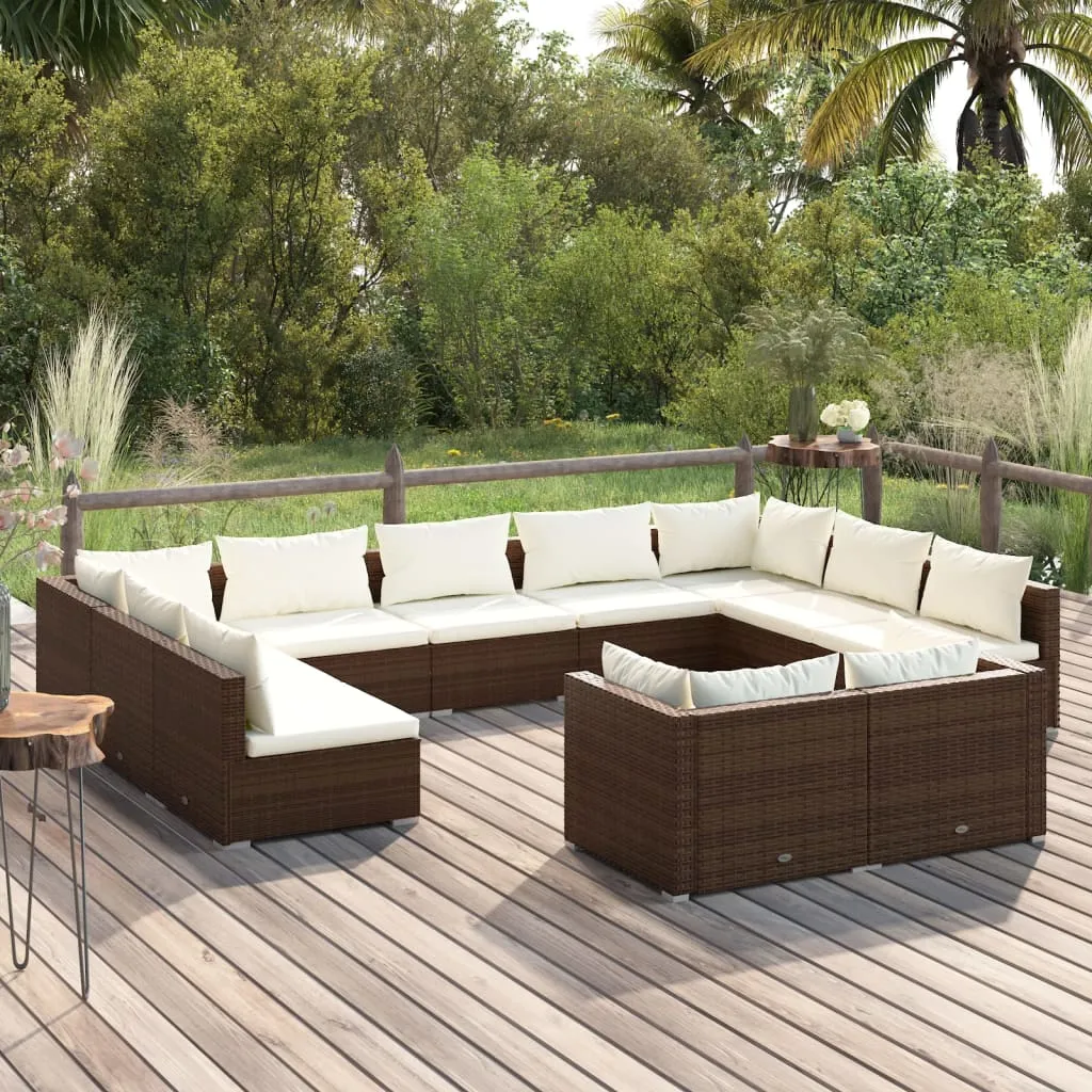 vidaXL Set Divani da Giardino 11 pz con Cuscini in Polyrattan Marrone