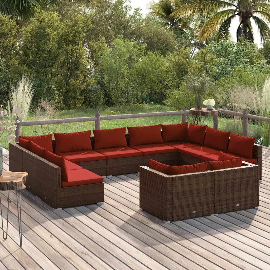 vidaXL Set Divani da Giardino 11 pz con Cuscini in Polyrattan Marrone