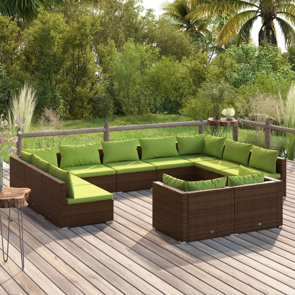 vidaXL Set Divani da Giardino 11 pz con Cuscini in Polyrattan Marrone