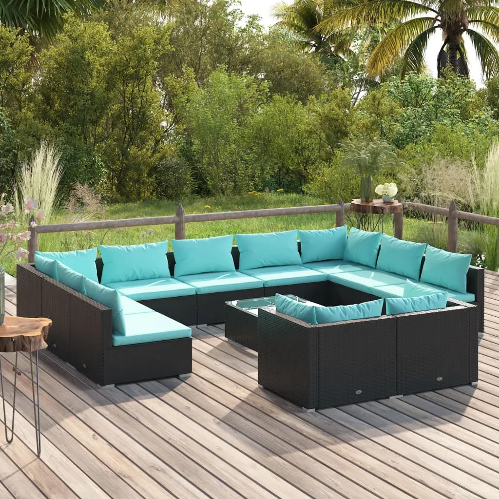 vidaXL Set Divani da Giardino 12 pz con Cuscini in Polyrattan Nero