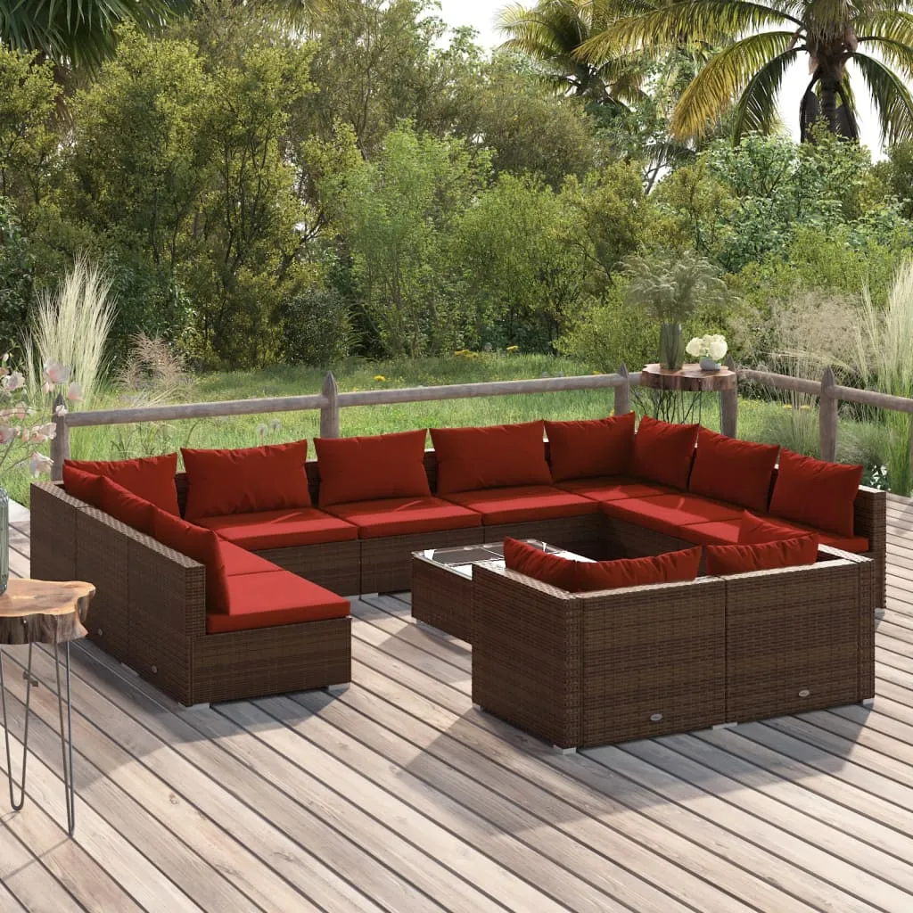 vidaXL Set Divani da Giardino 12 pz con Cuscini in Polyrattan Marrone