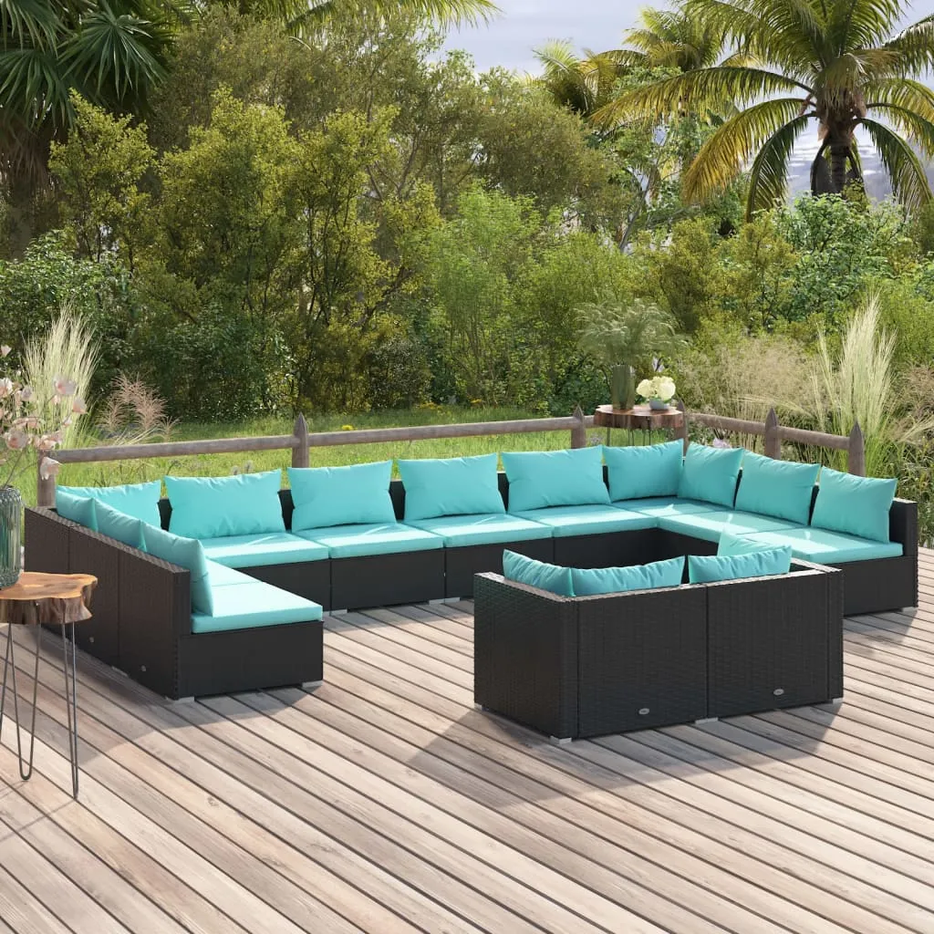 vidaXL Set Divani da Giardino 12 pz con Cuscini in Polyrattan Nero