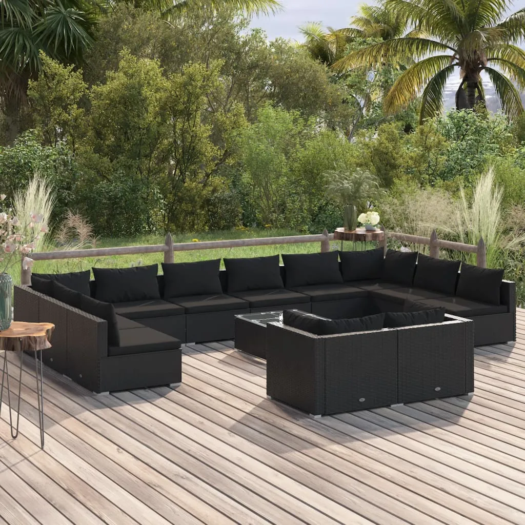 vidaXL Set Divani da Giardino 13 pz con Cuscini in Polyrattan Nero