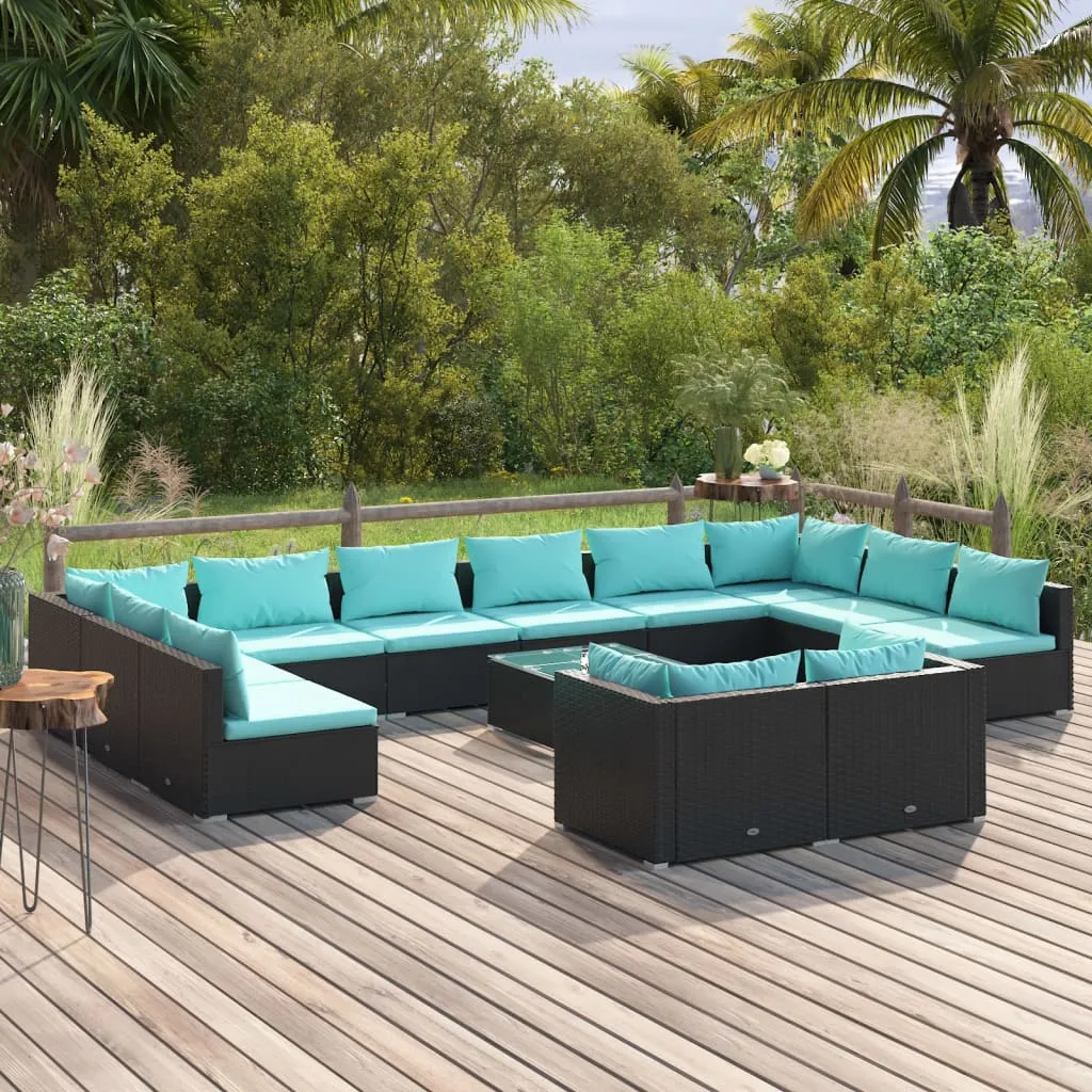 vidaXL Set Divani da Giardino 13 pz con Cuscini in Polyrattan Nero