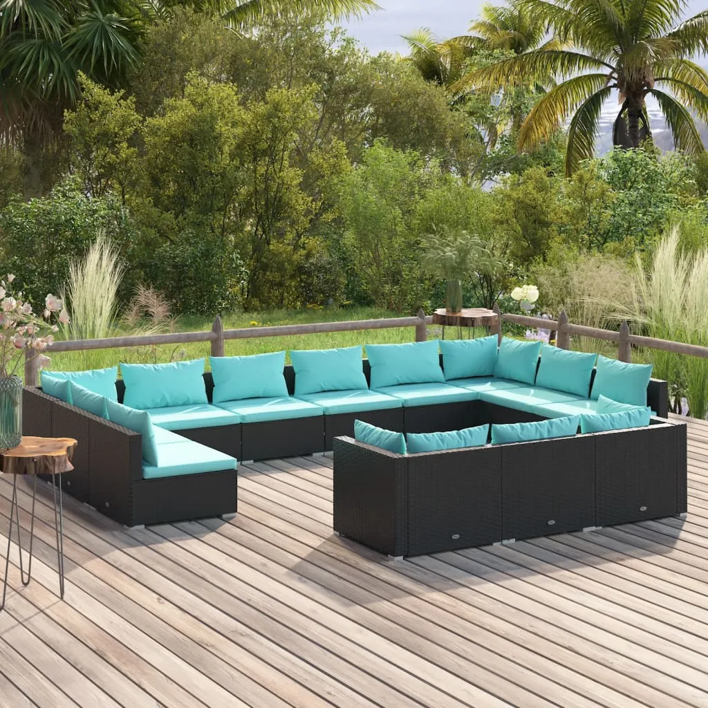 vidaXL Set Divani da Giardino 13 pz con Cuscini in Polyrattan Nero