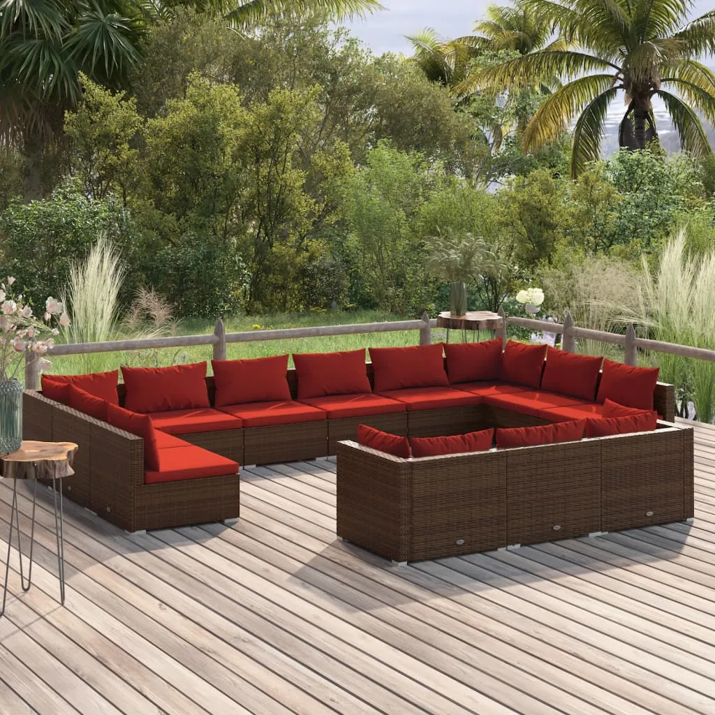 vidaXL Set Divani da Giardino 13 pz con Cuscini in Polyrattan Marrone