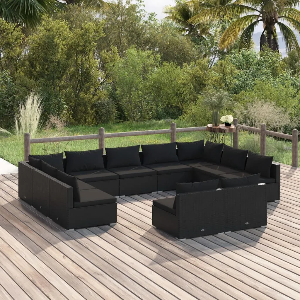 vidaXL Set Divani da Giardino 11 pz con Cuscini in Polyrattan Nero