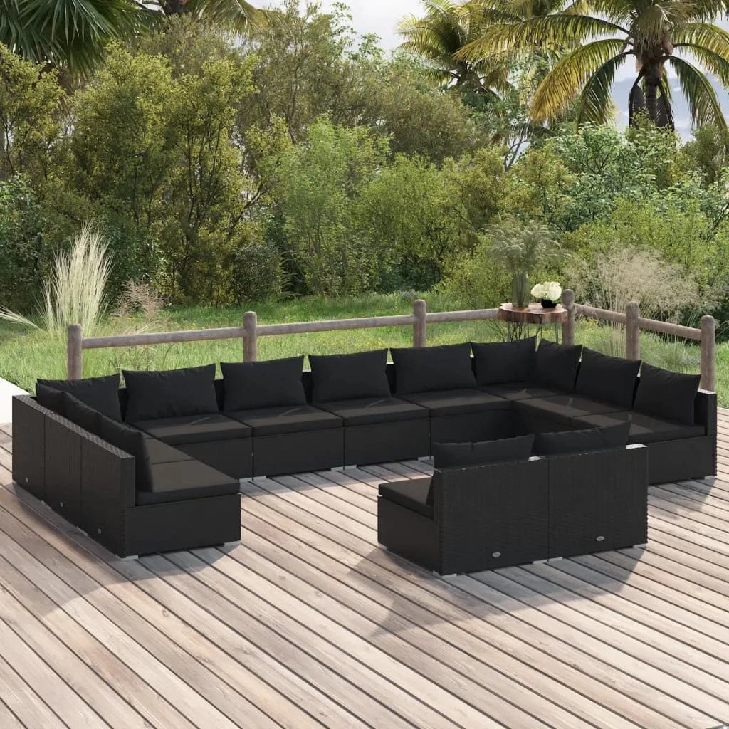 vidaXL Set Divani da Giardino 12 pz con Cuscini in Polyrattan Nero