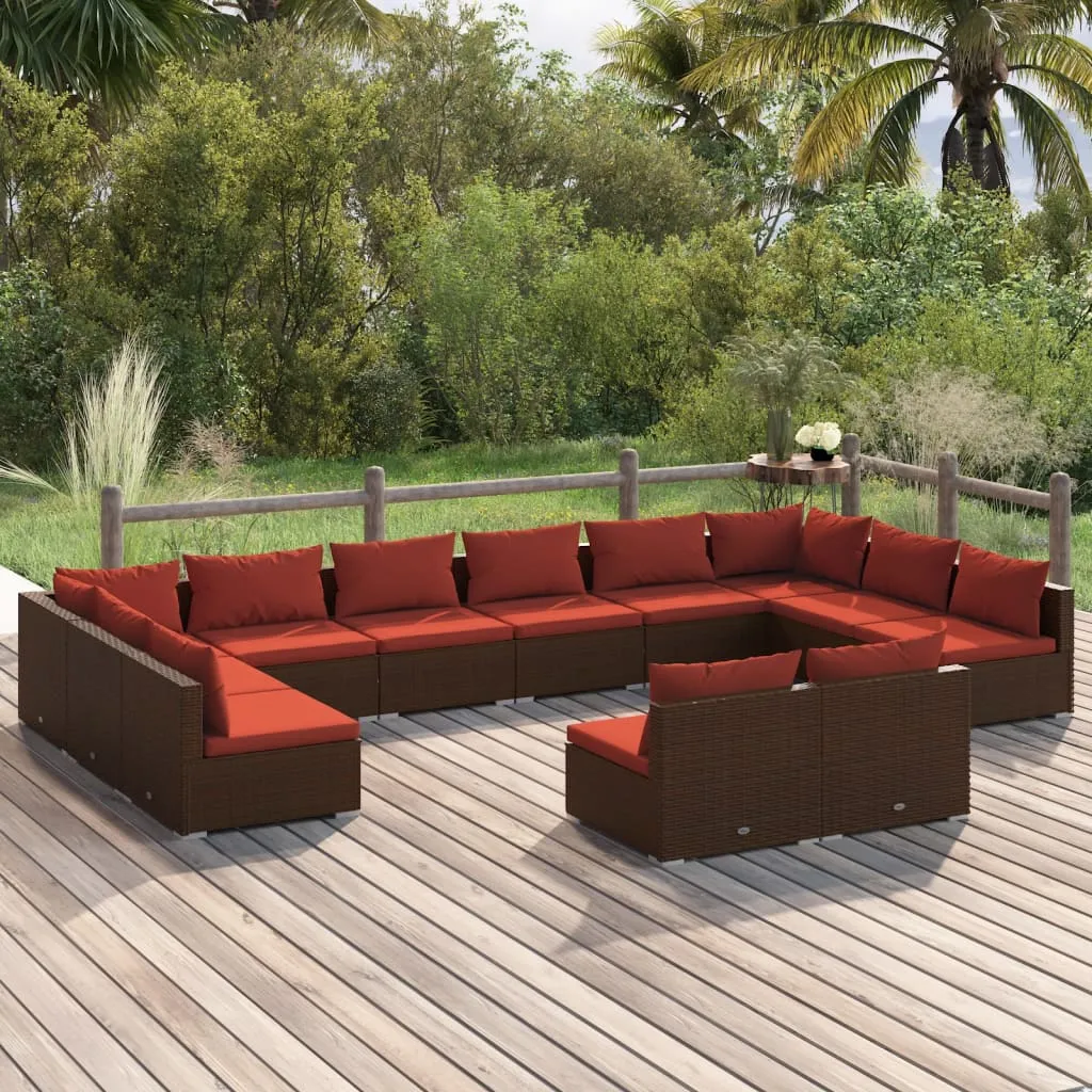 vidaXL Set Divani da Giardino 12 pz con Cuscini in Polyrattan Marrone