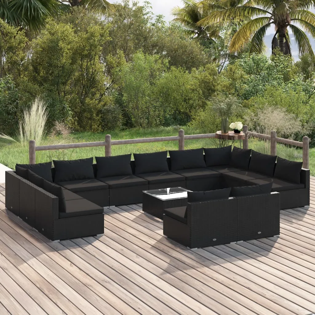 vidaXL Set Divani da Giardino 13 pz con Cuscini in Polyrattan Nero