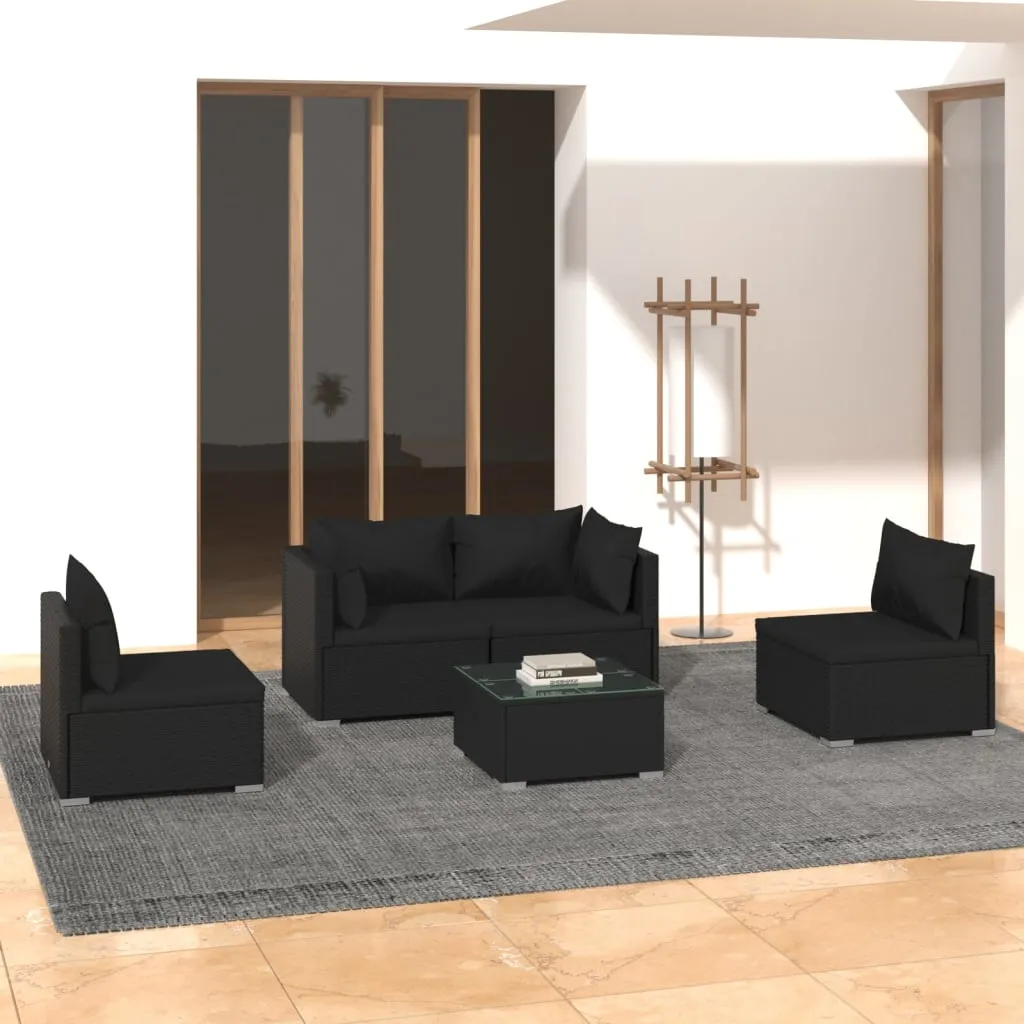 vidaXL Set Divani da Giardino 5 pz con Cuscini in Polyrattan Nero