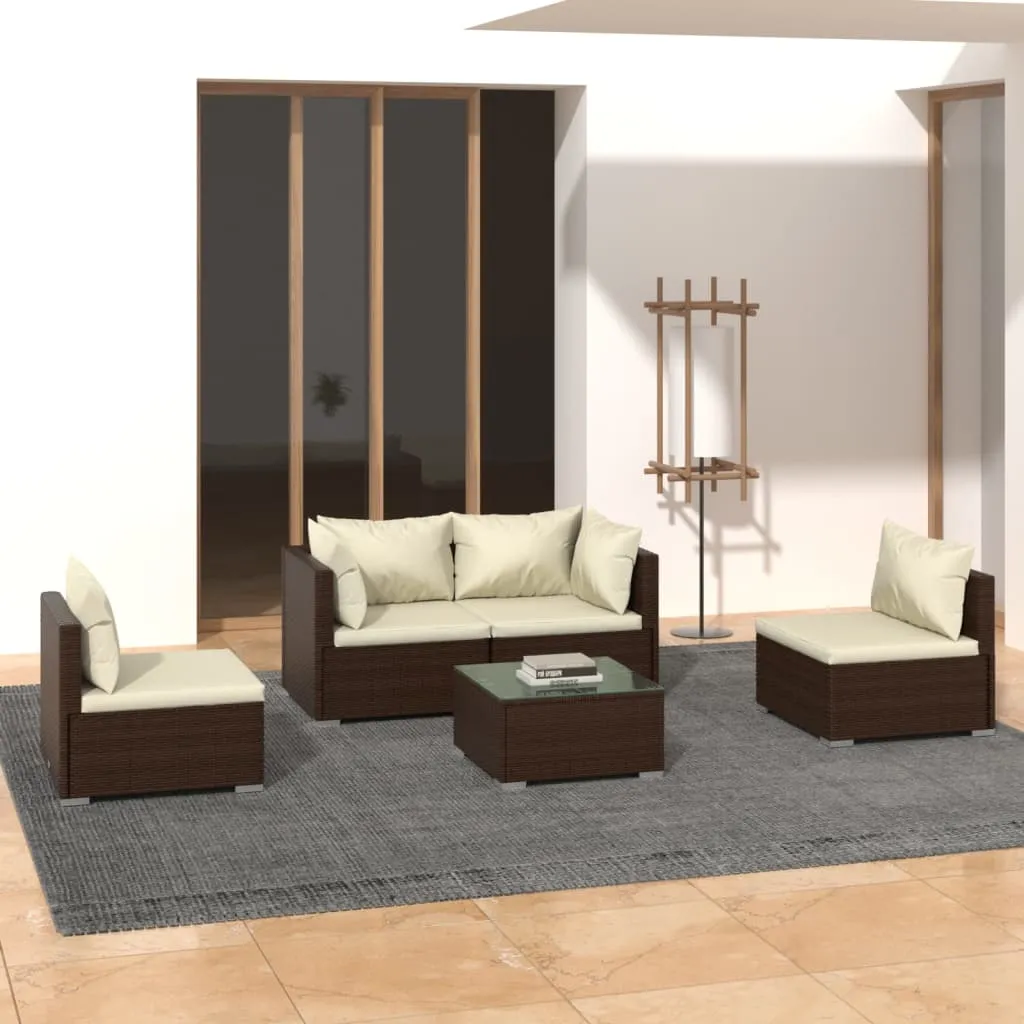 vidaXL Set Divani da Giardino 5 pz con Cuscini in Polyrattan Marrone