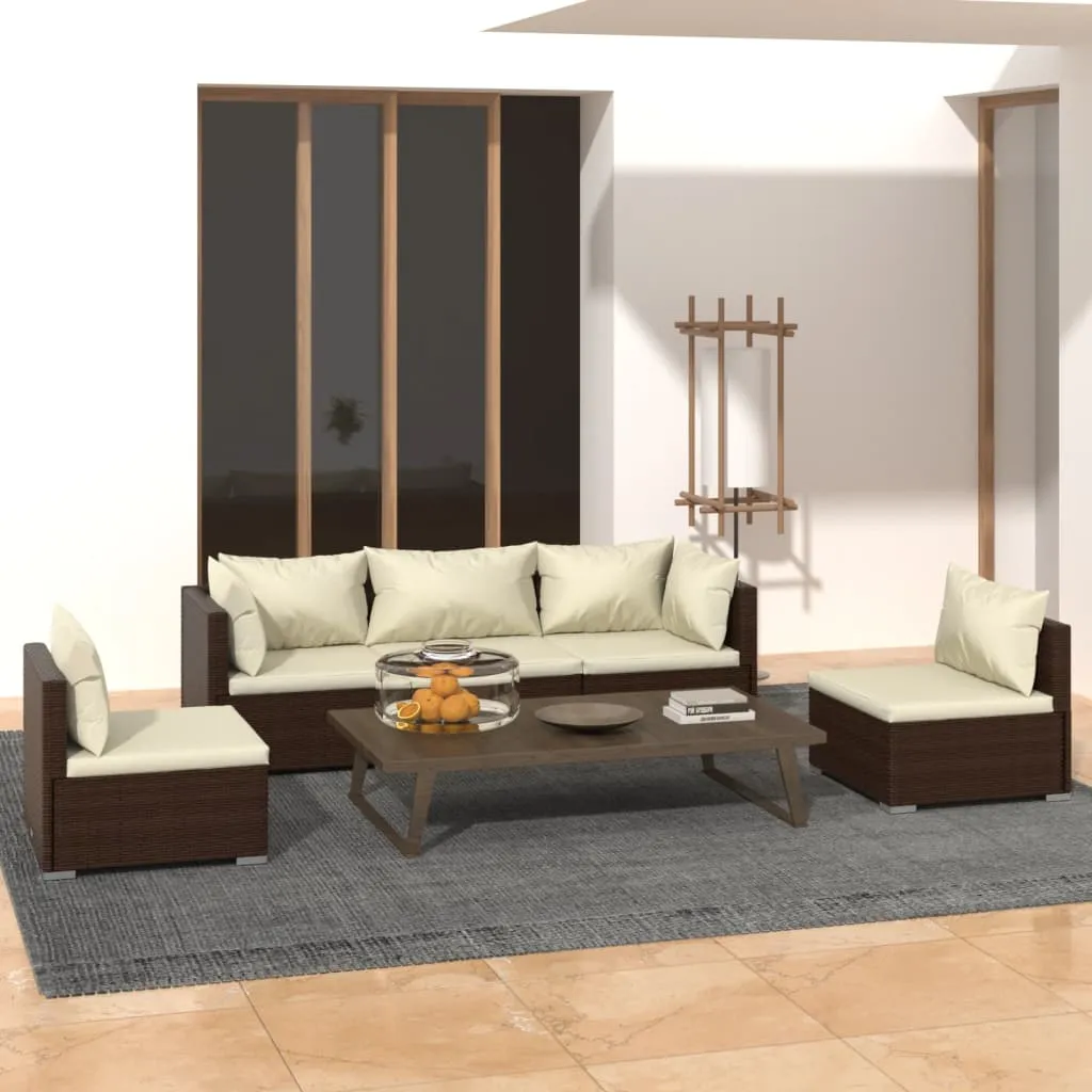 vidaXL Set Divani da Giardino 5 pz con Cuscini in Polyrattan Marrone