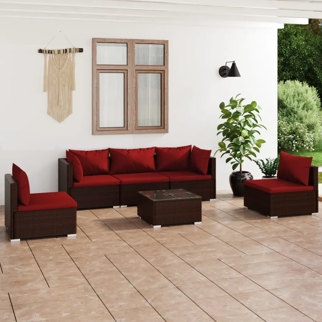 vidaXL Set Divani da Giardino 6 pz con Cuscini in Polyrattan Marrone