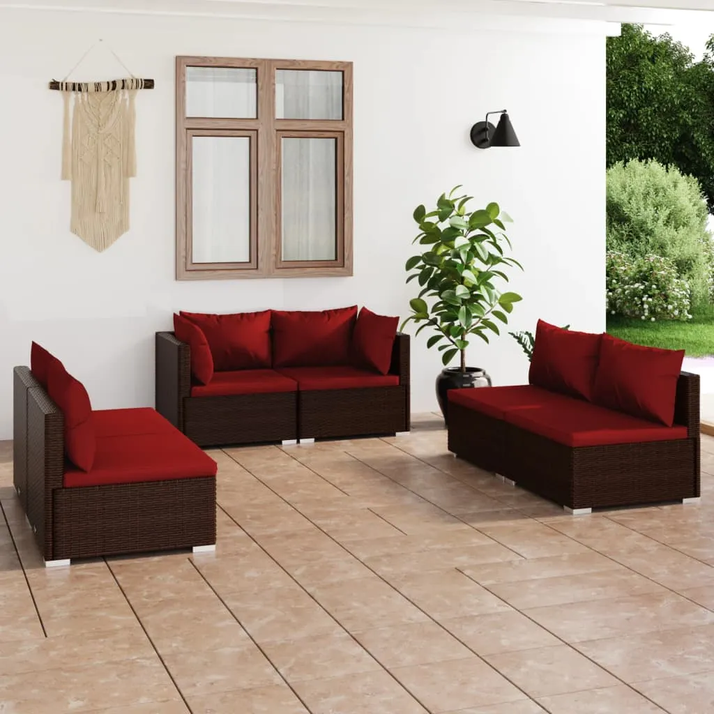 vidaXL Set Divani da Giardino 6 pz con Cuscini in Polyrattan Marrone