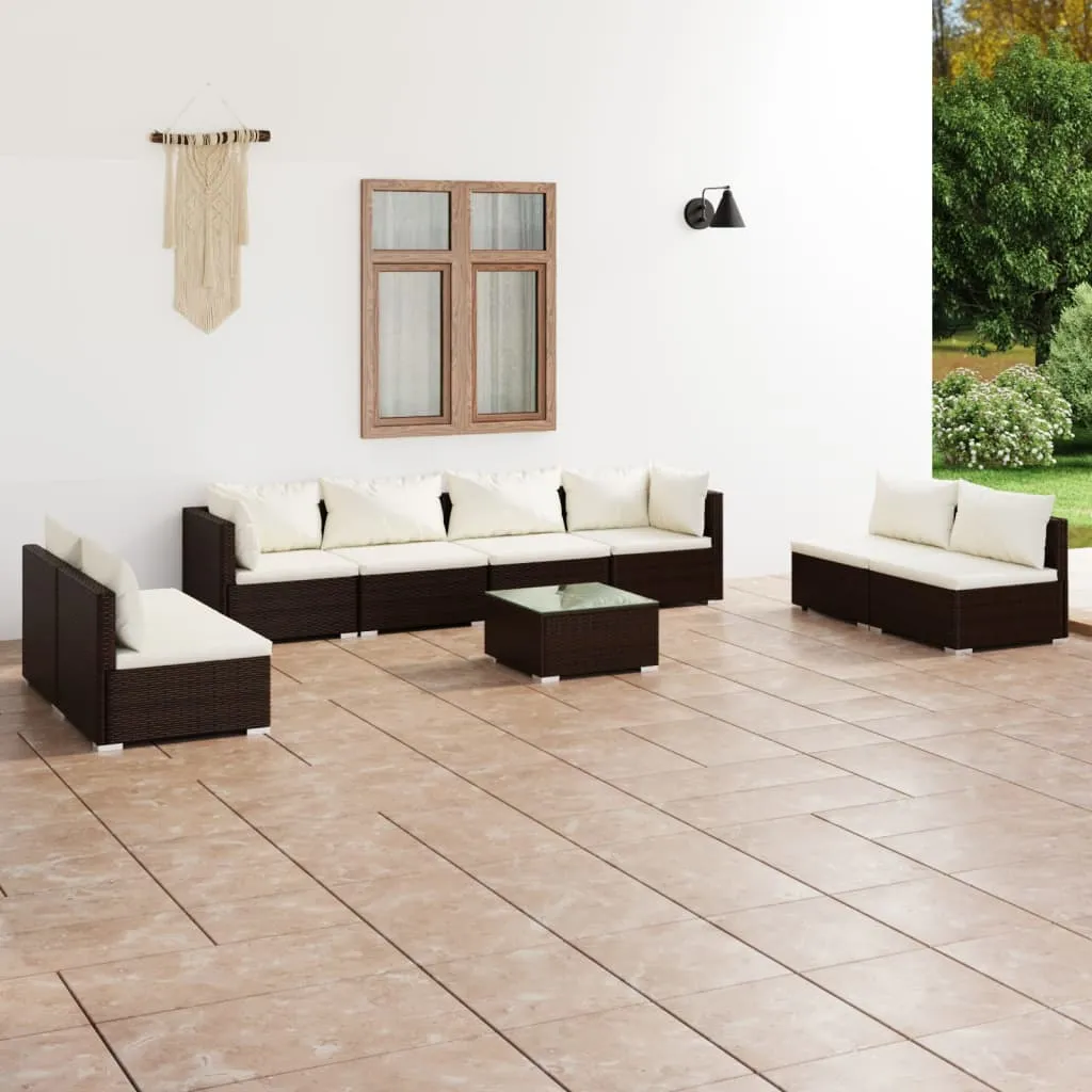 vidaXL Set Divani da Giardino 9 pz con Cuscini in Polyrattan Marrone