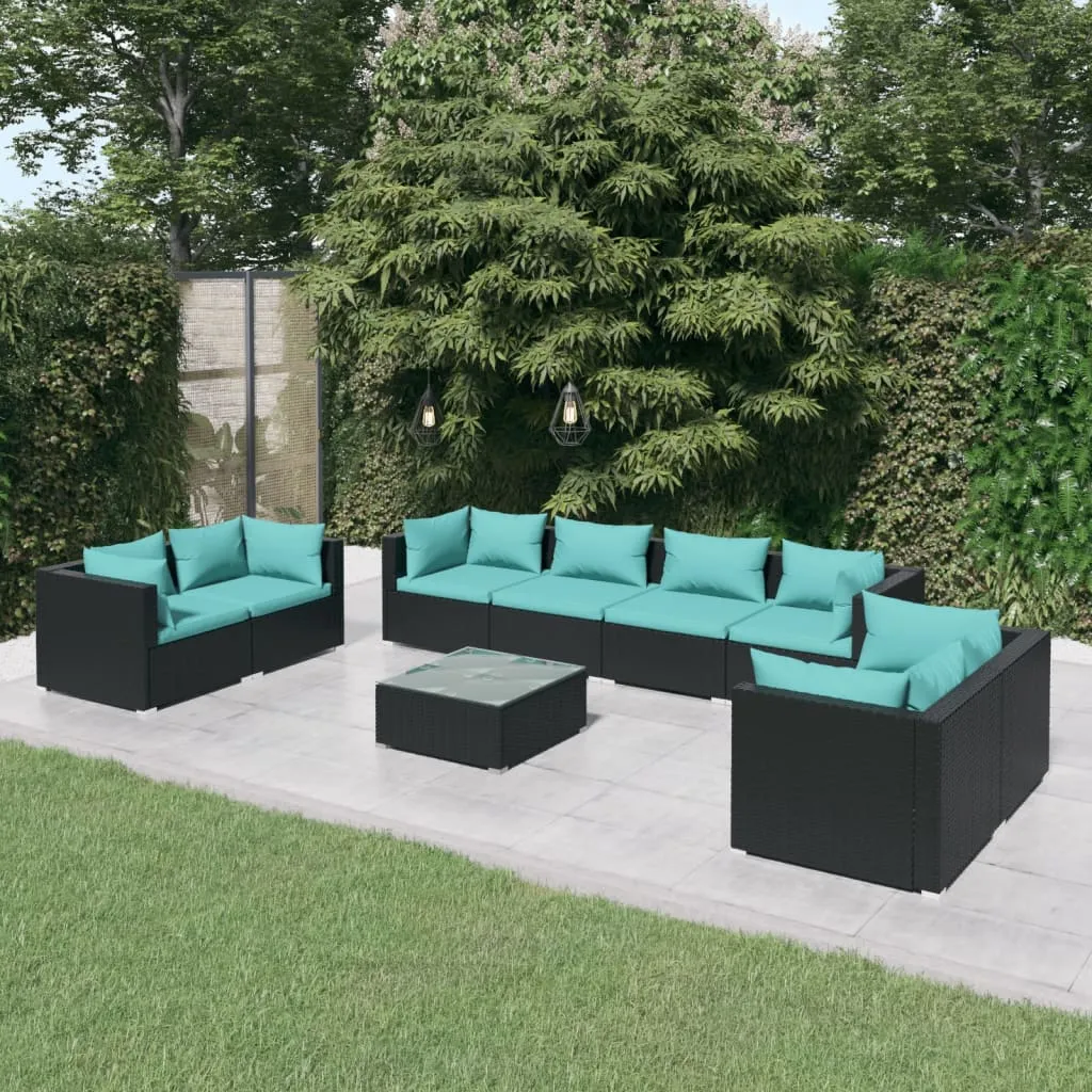 vidaXL Set Divani da Giardino 9 pz con Cuscini in Polyrattan Nero